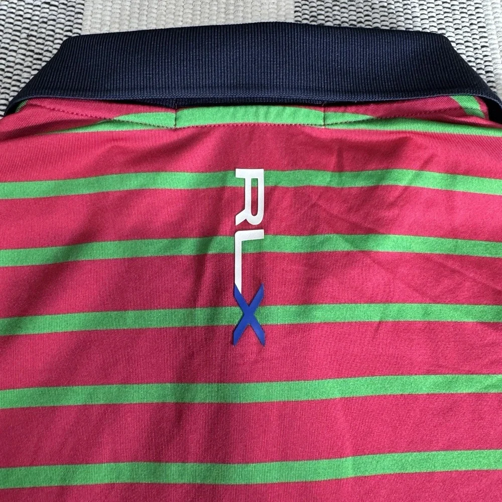 RLX Ralph Lauren Polo Shirt Mens L Fuchsia Green Stripe Performance Golf‎ Preppy